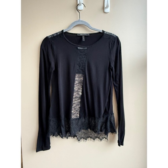BCBGMAXAZRIA Size XS Black Lace Trim 100% Rayon Tunic Top $138 - Picture 2 of 5